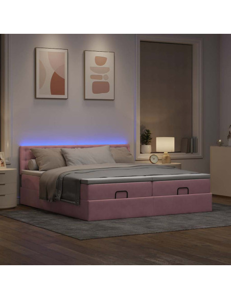 Struttura Letto Pouf con Materassi Rosa 160x200 cm Velluto