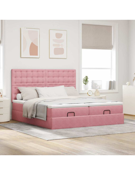 Struttura Letto Pouf con Materassi Rosa 160x200 cm Velluto