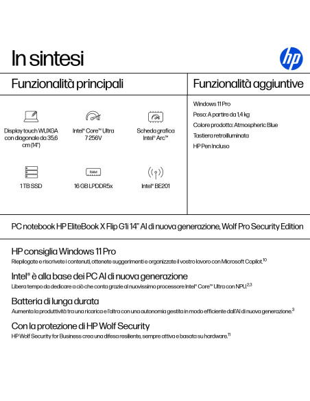 HP EliteBook X Flip G1i Next Gen AI Wolf Pro Security Edition Copilot+ PC Intel Core Ultra 7 256V Ibrido (2 in 1) 35,6 cm (14") 