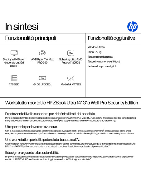 HP ZBook Ultra G1a Copilot+ PC AMD Ryzen AI Max PRO 390 Workstation mobile 35,6 cm (14") WUXGA 64 GB LPDDR5x-SDRAM 1 TB SSD Wi-F