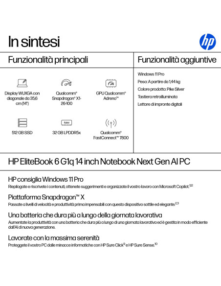 HP EliteBook 6 G1q Next Gen AI Copilot+ PC Qualcomm Snapdragon X1-26-100 Computer portatile 35,6 cm (14") WUXGA 32 GB LPDDR5x-SD