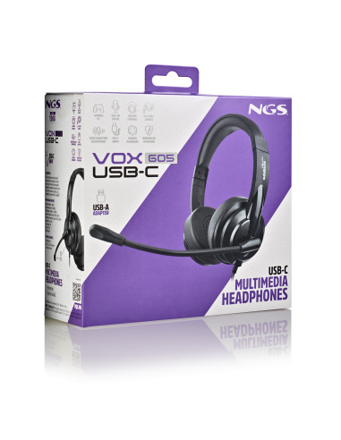 NGS VOX605 USB-C Auricolare Cablato A Padiglione Musica e Chiamate USB tipo-C Nero