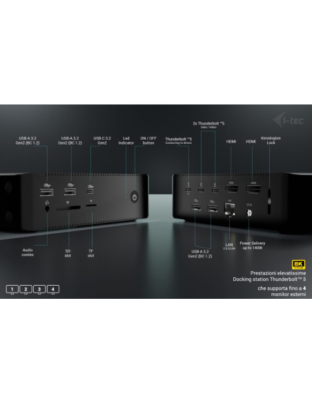 i-tec Thunderbolt5 Quattro Display Docking Station, 5x USB, 2.5 GLAN + Power Delivery 140W