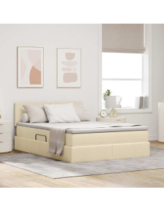 Letto con contenitore e LED con led Crema 140 x 190 cm Tessuto