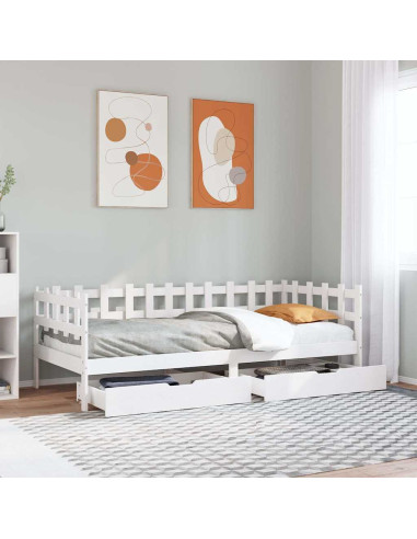 Dormeuse con Cassetti Bianca 80x200 cm Legno Massello di Pino