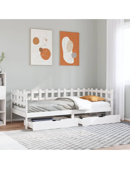 Dormeuse con Cassetti Bianco 90x200 cm Legno Massello di Pino