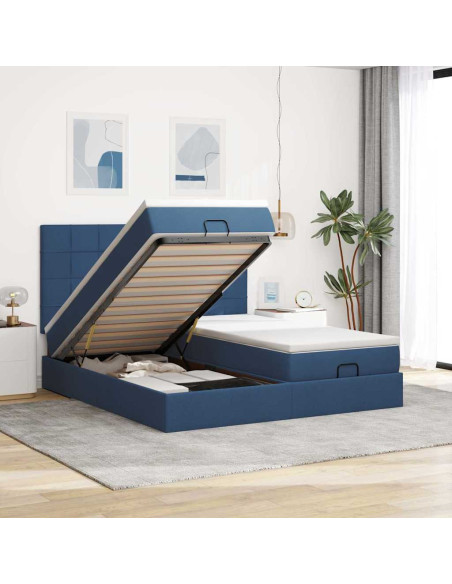 Struttura Letto Pouf con Materassi Blu 160x200 cm in Tessuto