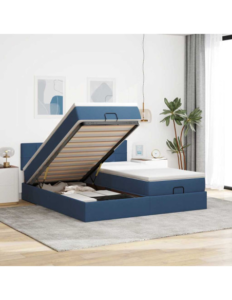 Struttura Letto Pouf con Materassi Blu 160x200 cm in Tessuto