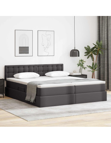 Letto con contenitore e LED Grigio 180 x 200 cm Pelle Sintetica