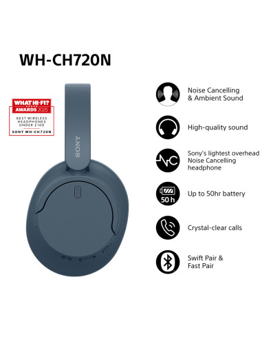 Sony WH-CH720N Auricolare Con cavo e senza cavo A Padiglione Musica e Chiamate USB tipo-C Bluetooth Blu