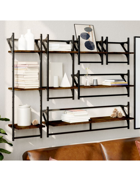 Set Mensole Parete con Aste 6pz Rovere Marrone in Multistrato