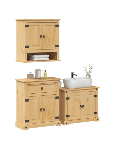 Set Mobili da Bagno 3 pz Corona in Legno Massello di Pino