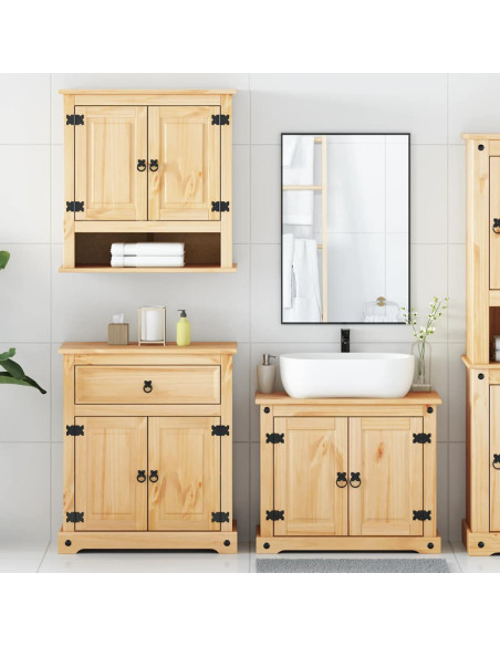 Set Mobili da Bagno 3 pz Corona in Legno Massello di Pino