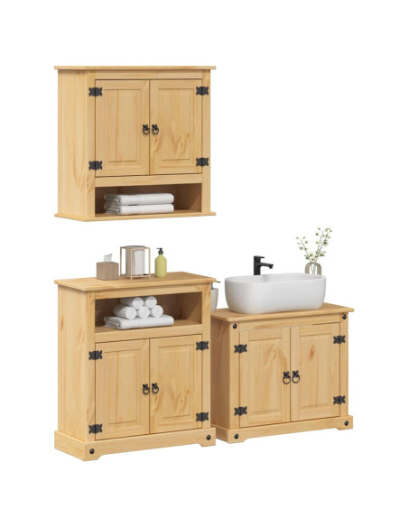 Set Mobili da Bagno 3 pz Corona in Legno Massello di Pino