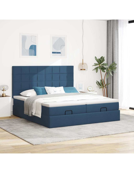 Struttura Letto Pouf con Materassi Blu 160x200 cm in Tessuto