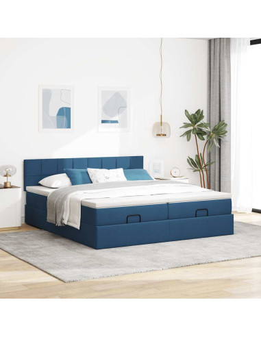 Struttura Letto Pouf con Materassi Blu 160x200 cm in Tessuto