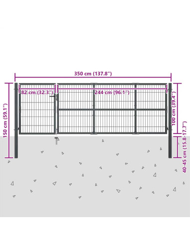 Cancello da Giardino con Pali in Acciaio 350x100 cm Antracite