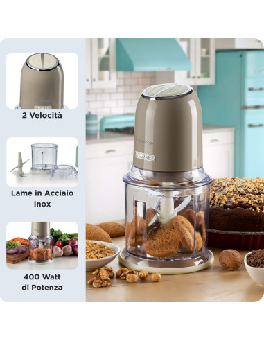Ariete 438, Tritatutto Vintage, Chopper e Tritaghiaccio, 2 velocità, 4 lame in Acciaio Inox, Tazza graduata 600 ml, 400 W, Beig