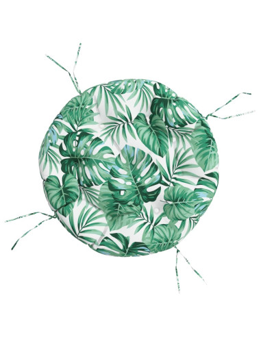 Cuscino Rotondo Motivo a Foglie Ø 60x11 cm in Tessuto Oxford