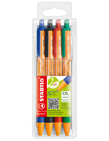 STABILO pointball Nero, Blu, Verde, Rosso Penna a sfera retrattile a clip 4 pz
