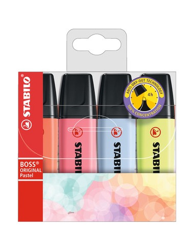 STABILO Evidenziatore - BOSS ORIGINAL Pastel - Astuccio da 4 - Rosso Corallo, Fior di Ciliegio, Azzurro Nuvola, Lime