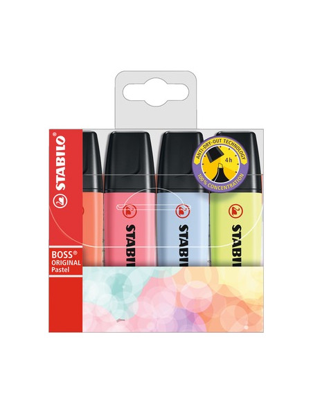 STABILO Evidenziatore - BOSS ORIGINAL Pastel - Astuccio da 4 - Rosso Corallo, Fior di Ciliegio, Azzurro Nuvola, Lime