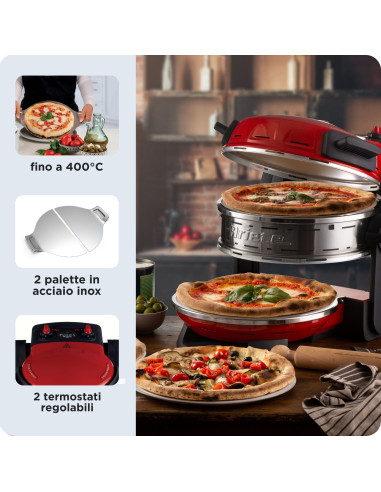 Ariete 927 Pizzeria , Forno pizza doppio, 2300 W, 2 pietre refrattarie, 2 pizze in 4 minuti, 2 termostati, Diametro 32 cm, 5 liv