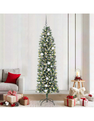Albero di Natale Artificiale Sottile Verde e Bianco 210 cm