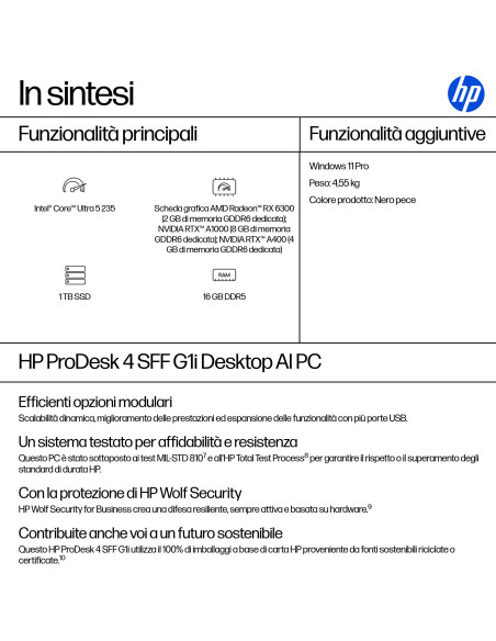 HP ProDesk 4 G1i AI PC Intel Core Ultra 5 235 16 GB DDR5-SDRAM 1 TB SSD Windows 11 Pro SFF Nero