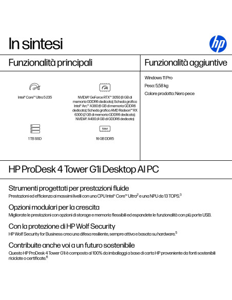 HP ProDesk 4 G1i AI PC Intel Core Ultra 5 235 16 GB DDR5-SDRAM 1 TB SSD Windows 11 Pro Tower Nero