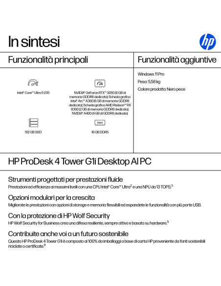 HP ProDesk 4 G1i AI PC Intel Core Ultra 5 235 16 GB DDR5-SDRAM 512 GB SSD Windows 11 Pro Tower Nero