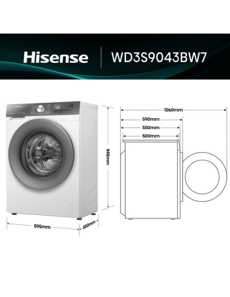 Hisense WD3S9043BW7 lavasciuga Libera installazione Caricamento frontale Bianco