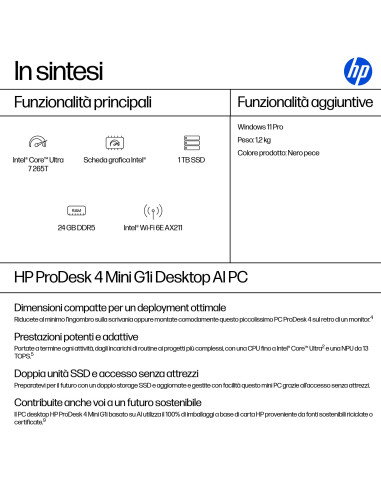 HP ProDesk 4 G1i AI PC Intel Core Ultra 7 265T 24 GB DDR5-SDRAM 1 TB SSD Windows 11 Pro Mini PC Nero