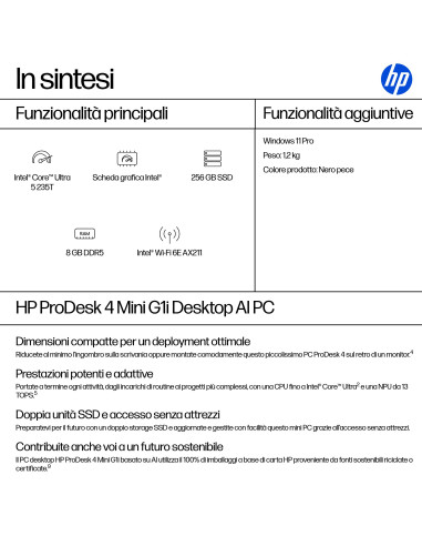 HP ProDesk 4 G1i AI PC Intel Core Ultra 5 235T 8 GB DDR5-SDRAM 256 GB SSD Windows 11 Pro Mini PC Nero