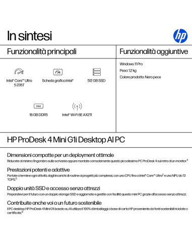 HP ProDesk 4 G1i AI PC Intel Core Ultra 5 235T 16 GB DDR5-SDRAM 512 GB SSD Windows 11 Pro Mini PC Nero