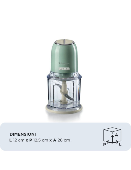 Ariete 438, Tritatutto Vintage, Chopper e Tritaghiaccio, 2 velocità, 4 lame in Acciaio Inox, Tazza graduata 600 ml, 400 W, Verd
