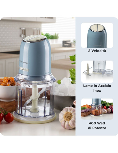 Ariete 438, Tritatutto Vintage, Chopper e Tritaghiaccio, 2 velocità, 4 lame in Acciaio Inox, Tazza graduata 600 ml, 400 W, Beig
