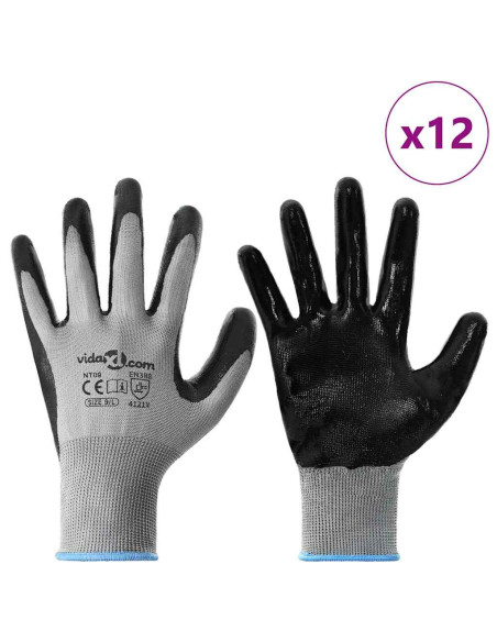 Guanti da Lavoro 12 pcs Grigio e Nero 9 / l Poliestere