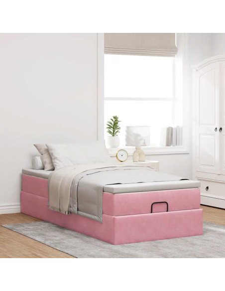 Struttura Letto Pouf con Materasso Rosa 100x200 cm Velluto