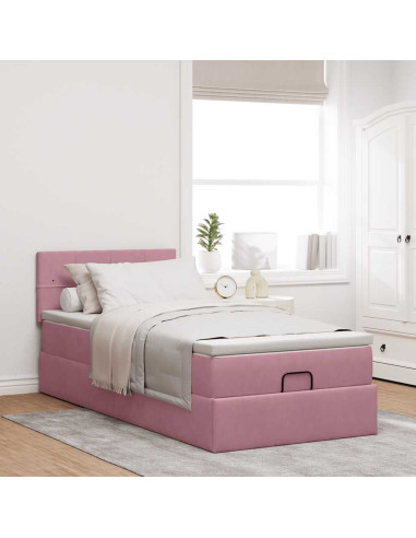 Struttura Letto Pouf con Materasso Rosa 100x200 cm Velluto