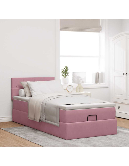 Struttura Letto Pouf con Materasso Rosa 100x200 cm Velluto