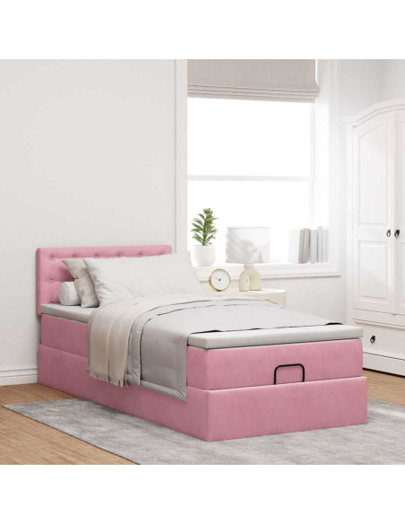 Struttura Letto Pouf con Materasso Rosa 100x200 cm Velluto