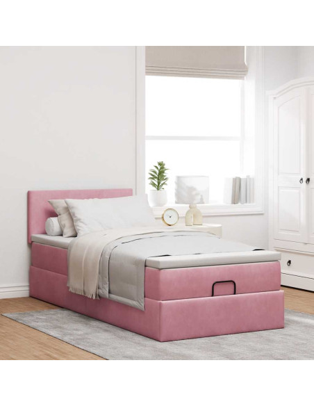 Struttura Letto Pouf con Materasso Rosa 100x200 cm Velluto