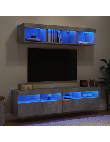 Mobili TV a Muro con LED 5pz Grigio Cemento Legno Multistrato