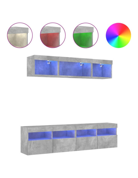 Mobili TV a Muro con LED 5pz Grigio Cemento Legno Multistrato