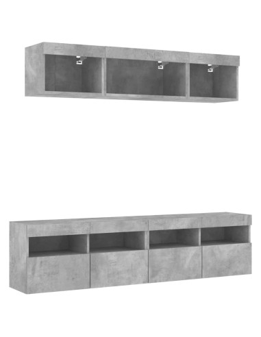 Mobili TV a Muro con LED 5pz Grigio Cemento Legno Multistrato
