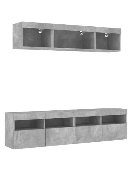 Mobili TV a Muro con LED 5pz Grigio Cemento Legno Multistrato