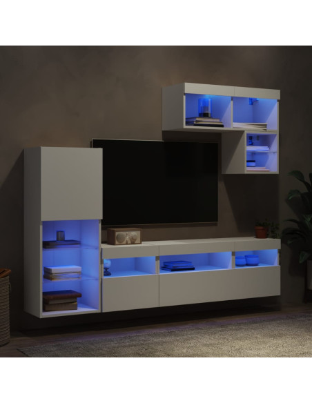 Mobili TV a Muro con LED 6pz Bianchi in Legno Multistrato