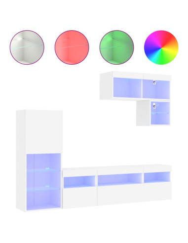 Mobili TV a Muro con LED 6pz Bianchi in Legno Multistrato