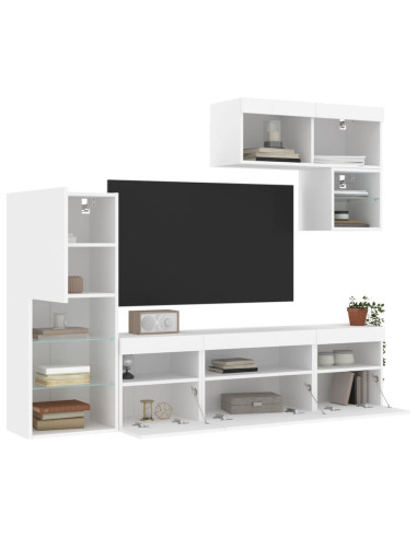 Mobili TV a Muro con LED 6pz Bianchi in Legno Multistrato